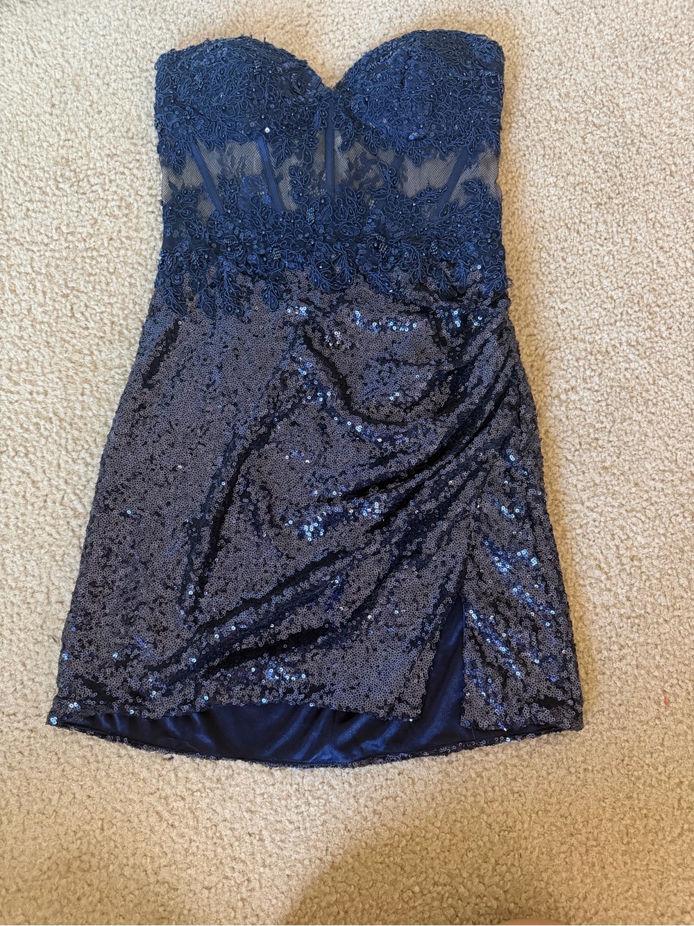 Sherri hill. Strapless Navy Sequin Lace Cocktail Dress
